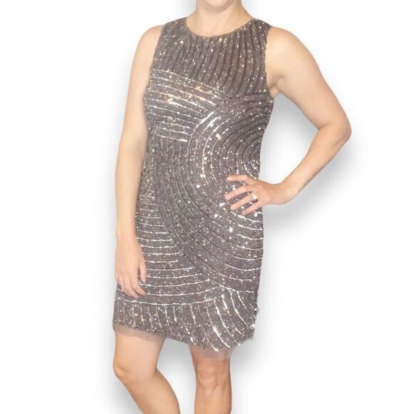 AIDAN MATTOX Formal Dark Grey, Open Back Sequin Beaded Sparkly Mini Dress SIZE 8 - Picture 10 of 15
